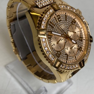 Men's gold-tone stainless steel watch with a crystal-accented dial