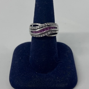  .925 Ladies Silver Cluster Ring 11 Purple Princess Cut Stones 24 Rd Stones 