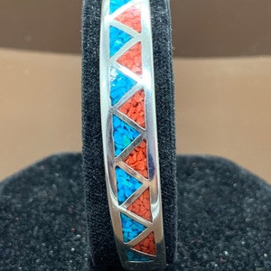  Silver Bracelet With Turquoise And Red Stones 11.2dwt Half Bangle Style